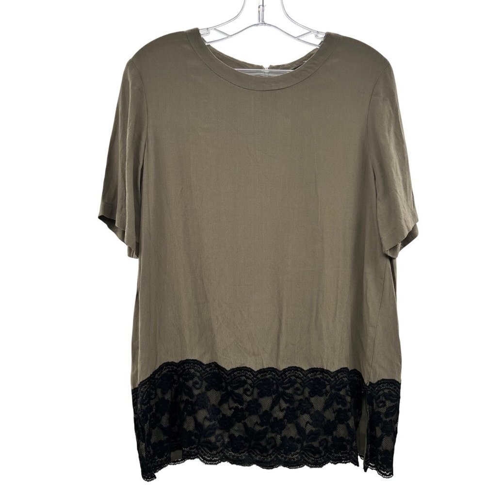Potter's Pot Short Sleeve Lace Accent Top Green/Black Size Large Zipper